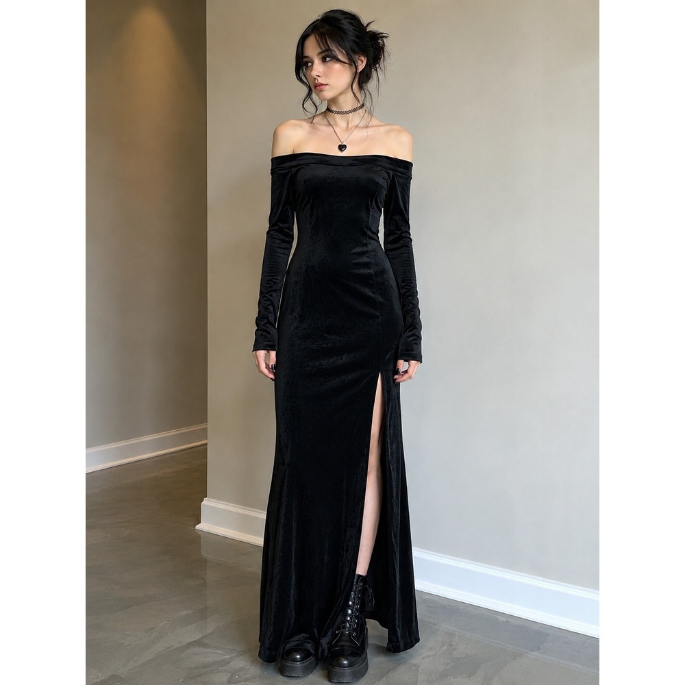 Pear Culture Black Velvet Off Shoulder Maxi Dress XS Side Slit Whimsigoth Witchy